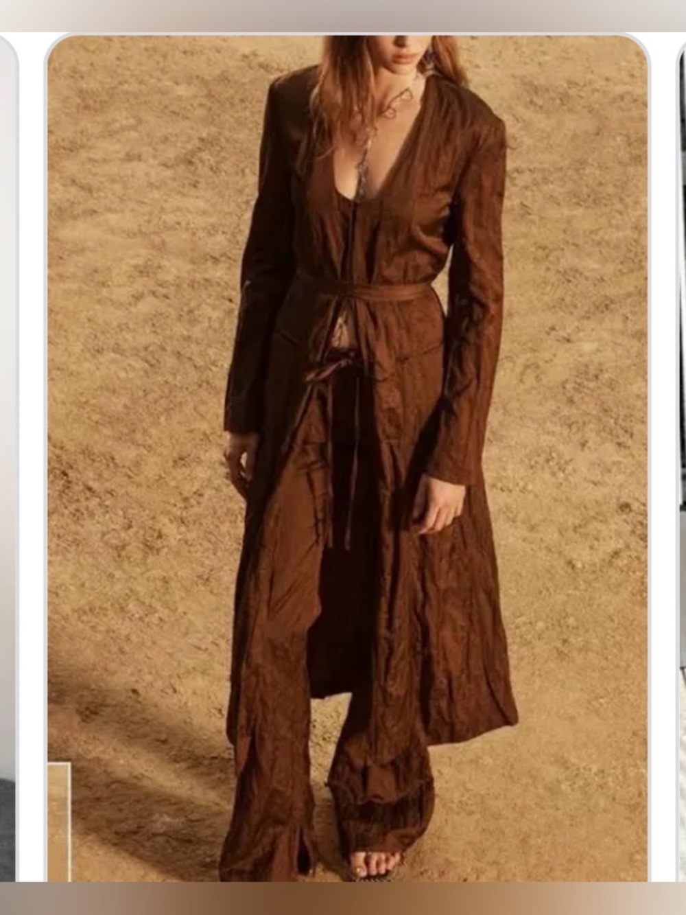 Zara 2025 Limited edition Brown Long Tie-Waist Duster and Wide-Leg Set.